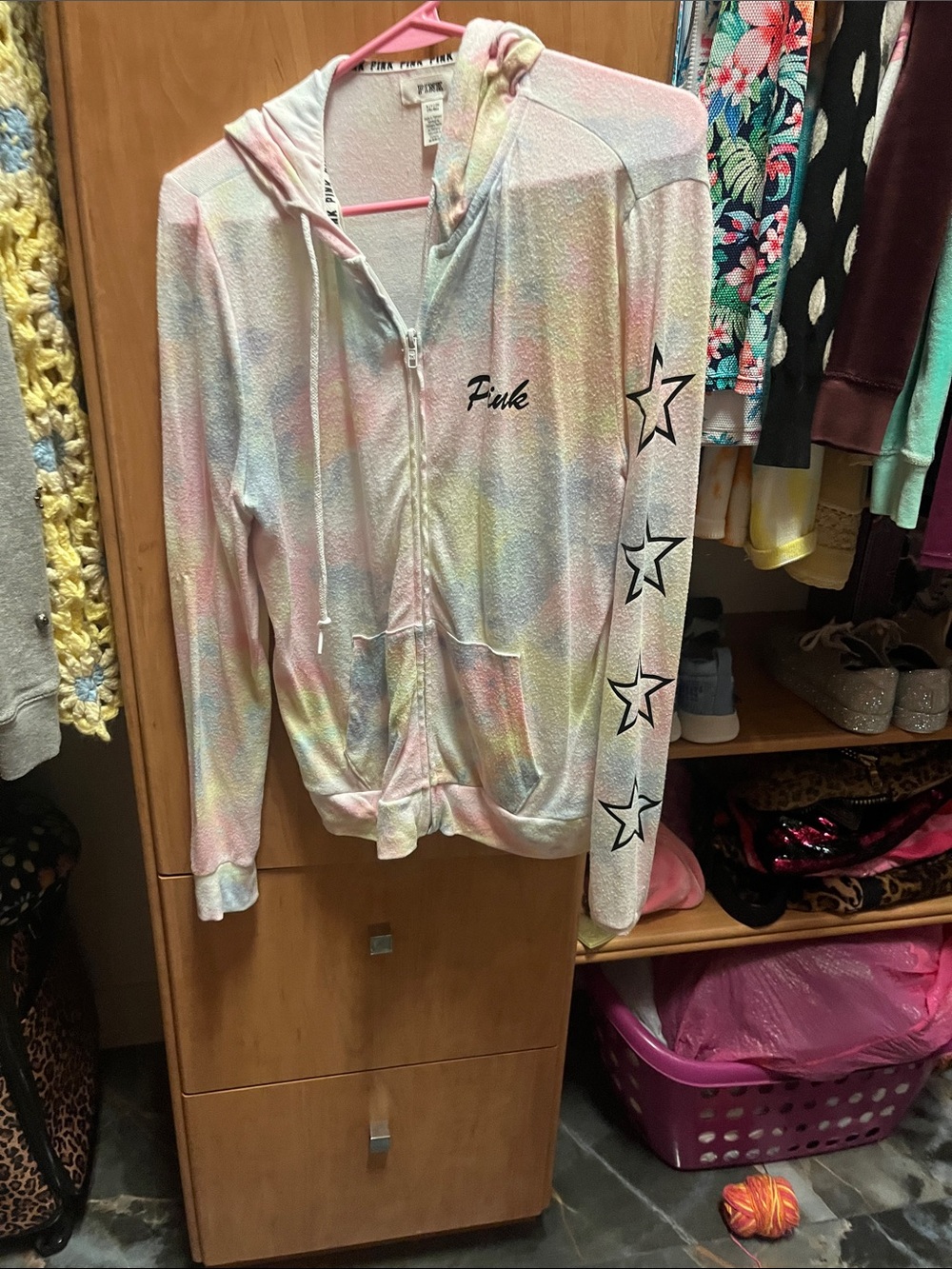 PINK Victoria's Secret Pastel Rainbow Zip Hoodie with Black Star Sleeve